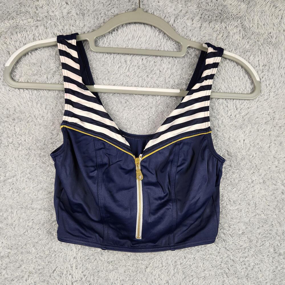 Vintage 80s Swim Top Womens 8 Blue Stripe Zip Front Tank Quick Dry Lined Stretch